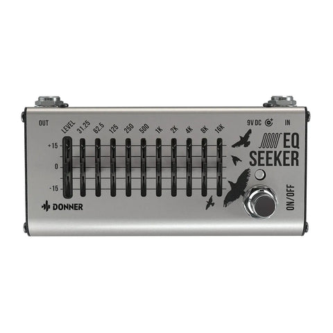 10 Band Graphic EQ Pedal For Guitar And Bass True Bypass Design Compact EQ Seeker Front View, 10 sliders for precise tone adjustments.