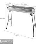 Portable Stainless Steel Charcoal Grill Folding Outdoor Barbecue Kit dimensions showing height and width measurements.