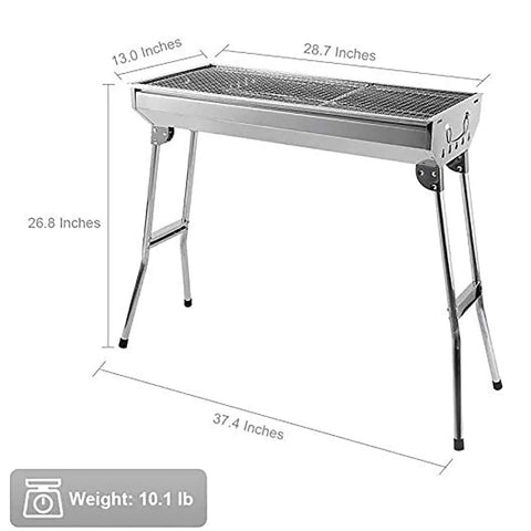 Portable Stainless Steel Charcoal Grill Folding Outdoor Barbecue Kit dimensions showing height and width measurements.