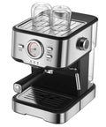 Semi Automatic Espresso Maker With Built In Grinder And Milk Frother, stainless steel design, includes two glass cups, compact size.