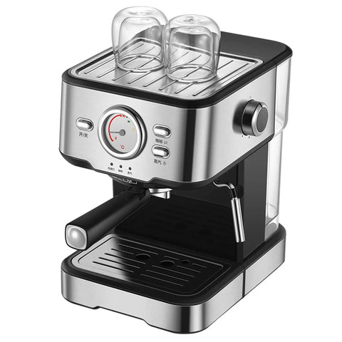 Semi Automatic Espresso Maker With Built In Grinder And Milk Frother, stainless steel design, includes two glass cups, compact size.