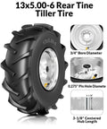 Heavy Duty Thirteen By Five Inch Rear Tine Tiller Tire And Wheel Set Four Ply Puncture Resistant Construction Three Quarter Inch Axle Bore Replacement For Garden Tiller And Farm Equipment Easy Bolt On Install Two Pack