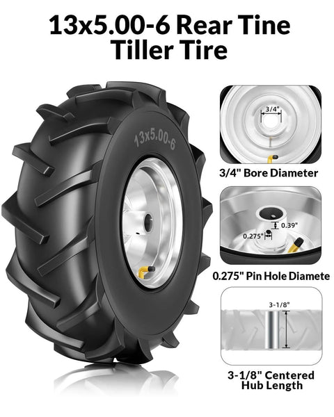 Heavy Duty Thirteen By Five Inch Rear Tine Tiller Tire And Wheel Set Four Ply Puncture Resistant Construction Three Quarter Inch Axle Bore Replacement For Garden Tiller And Farm Equipment Easy Bolt On Install Two Pack