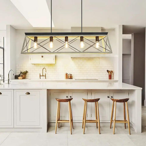 Five Light Industrial Kitchen Island Pendant Light Fixture with oak white frame over modern kitchen counter with stools