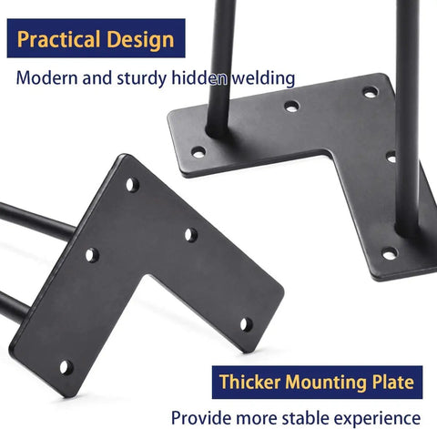 Close-up of 18 Inch Heavy Duty Hairpin Furniture Legs For Nightstands Coffee Tables And Desks, black metal bracket with holes.