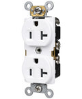 Top Shelf 20 Amp Duplex Receptacle Outlet 125 Volt Electric Socket Featuring Side And Back Wiring For A No Fuss Plug And Go Setup UL Certified Thermoplastic Wall Fixtures Crafted In Crisp White, close-up view.