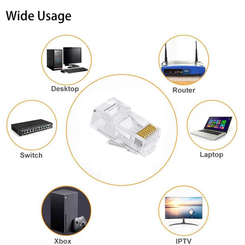 RJ45 Crimp Connectors 8P8C UTP Ethernet Plug For CAT5E CAT5 CAT6 Solid Or Stranded Cable Gold Plated 50 Pack