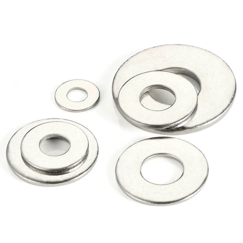 Five stainless steel flat washers, 0.75 in outer diameter and 0.25 in inner diameter.