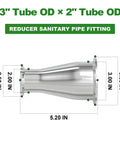 304 stainless steel sanitary tri-clamp reducer pipe fitting, 3in to 2in, with flanged ends.