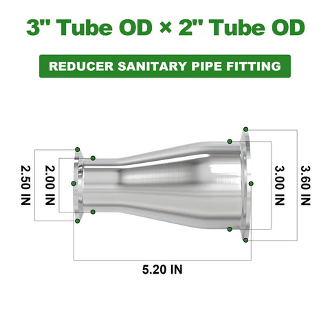 304 stainless steel sanitary tri-clamp reducer pipe fitting, 3in to 2in, with flanged ends.