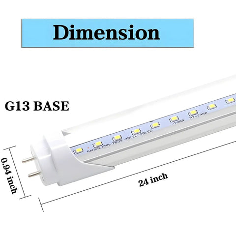 2Ft LED Light Tube Replacement For T8 T10 T12 Fittings 8W 24 Inch 1120 Lumen 6500K Cool White Ballast Bypass With Clear Cover dimensions