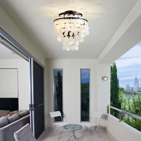 Capiz Shell Semi Flush Mount Ceiling Light in Matte Black for Bedroom and Kitchen Dope Coastal Style Pendant on covered balcony