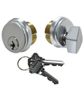 Pro Grade Satin Chrome Mortise Door Lock Cylinder With SC Keyway And Thumbturn Keys Built To Last For Aluminum Storefront Doors And Shop Door Replacements Silver Finish, showing the lock cylinder, thumbturn, and keys.