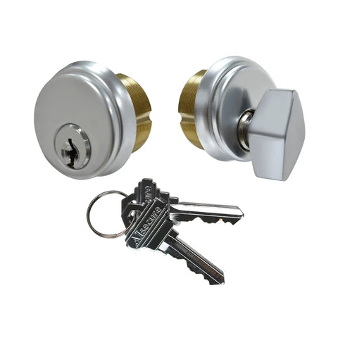 Pro Grade Satin Chrome Mortise Door Lock Cylinder With SC Keyway And Thumbturn Keys Built To Last For Aluminum Storefront Doors And Shop Door Replacements Silver Finish, showing the lock cylinder, thumbturn, and keys.