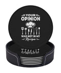Six Piece Leather Coaster Set With Holder For Drinks Bar Home Office Surface Protection Premium PU Microfiber Leather Drink Coasters With Tray Perfect Decoration And Family Table Guard in black with chef design