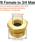 Front view of brass reducer hose fitting: 3/4 GHT male to 3/8 compression female plumbing adapter