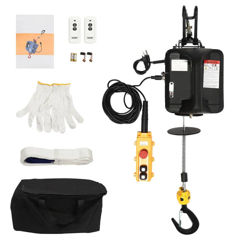 Heavy Duty Electric Lifting Hoist 1100 Lbs Load Capacity Plus 1500 Watt Motor Winch Crane with remote controls, gloves, strap, and bag.