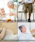 Collage of elderly couple, man on crutches, pregnant woman lying down, and elderly woman in hospital bed, illustrating safety aid users