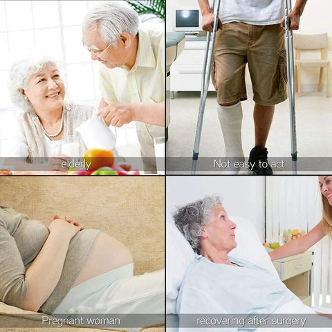 Collage of elderly couple, man on crutches, pregnant woman lying down, and elderly woman in hospital bed, illustrating safety aid users