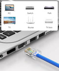 Close-up of laptop with 100 Pack Cat6 RJ45 Connectors For Solid And Stranded UTP Ethernet Cables plugged in, showing compatibility icons.