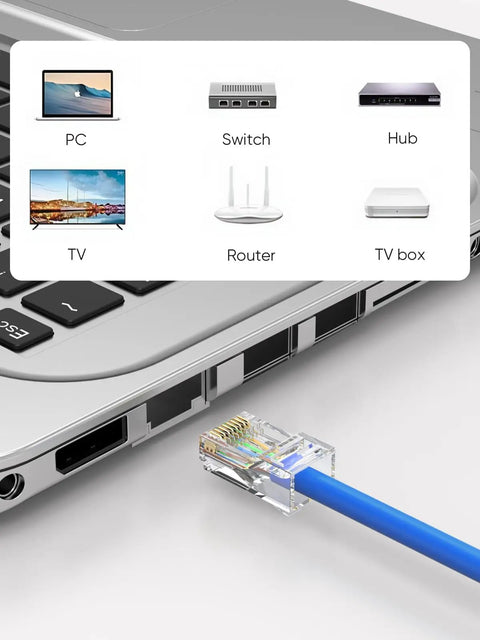 Close-up of laptop with 100 Pack Cat6 RJ45 Connectors For Solid And Stranded UTP Ethernet Cables plugged in, showing compatibility icons.