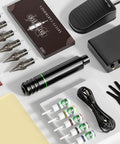 Pro All In One Tattoo Kit With Pen Style Tattoo Machine And Power Supply, 10 Cartridges, color bottles, foot pedal, gloves visible