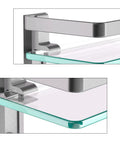 Close-up of Glass Shelf With Towel Bar For Bathroom, 15.2 By 4.5 Inches, Wall Mount Organizer In Silver, highlighting shelf corners.