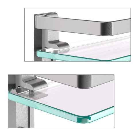 Close-up of Glass Shelf With Towel Bar For Bathroom, 15.2 By 4.5 Inches, Wall Mount Organizer In Silver, highlighting shelf corners.