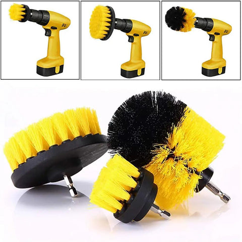 Three Piece Auto Detailing Drill Brush Set With Wheel Cleaner Brush And Car Wash Brush Kit displayed with yellow bristles