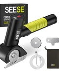 SeeSE Electric Box Cutter Cordless Rechargeable Scissors with safety blades, USB charger, and storage pouch.