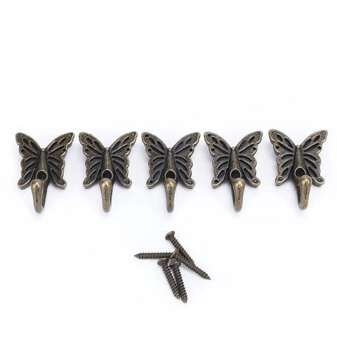 5 Piece Heavy Duty Vintage Wall Coat Hooks With Pre Drilled Holes And Mounting Screws shown with decorative butterfly design and screws.