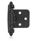 Rock Solid Matte Black Cabinet Hinges Featuring A Nifty 1/2 Inch Overlay Design With Self Closing Action showing front view with screws.