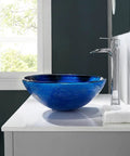 Star Blue Ocean Mystery Glass Vessel Sink For Above Counter Vanity, Tempered Deco Glass Bowl With Pop Up Drain, Starry Blue Finish