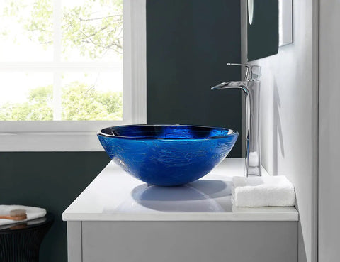 Star Blue Ocean Mystery Glass Vessel Sink For Above Counter Vanity, Tempered Deco Glass Bowl With Pop Up Drain, Starry Blue Finish