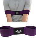 Golf Swing Training Arm Band For Beginners, Correct Arm Alignment And Easy Swing Gesture Practice Tool, purple band on arms and flat view.