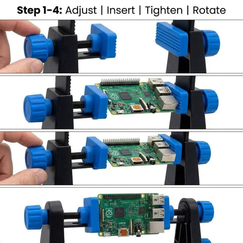 Adjustable PCB Holder Frame With 360 Degree Rotation For Soldering And Pro Grade Repairs And Easy Inspection, clamping a circuit board