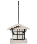 Medium Hopper Bird Feeder With Dual Suet Cages, weather resistant, 13x8.75x8 inches with hinged roof for easy filling.