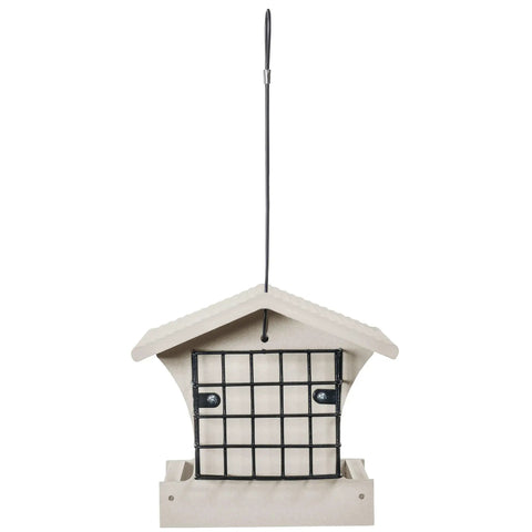 Medium Hopper Bird Feeder With Dual Suet Cages, weather resistant, 13x8.75x8 inches with hinged roof for easy filling.