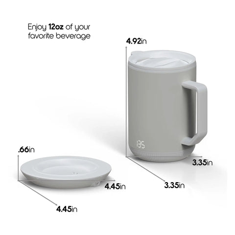 Smart Gravity Sensor Self Heating Coffee Mug With 12 Oz Stainless Steel Insulation And Integrated Charging Coaster dimensions, grey mug and charging base.