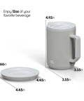 Smart Self Heating Coffee Mug With Gravity Sensor Coaster And Lid Holds Ideal Heat For Office Or Home Use Solid Stainless Steel Build Keeps Your Daily Grind Smooth Through The Afternoon Slump Sharp Black 12 Oz Mug with dimensions displayed.
