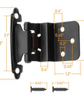 Thirty Pack Fifteen Pairs Hella Sturdy 3/8 Inch Inset Self Closing Cabinet Hinges Matte Black Hardware dimensions with screws.