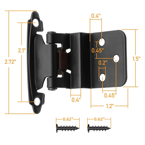 Thirty Pack Fifteen Pairs Hella Sturdy 3/8 Inch Inset Self Closing Cabinet Hinges Matte Black Hardware dimensions with screws.