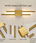 NICRX 2 Pieces Modern Gold LED Wall Sconce, Geometric Metal and Acrylic Vertical Wall Lamp, close-up of golden finish.