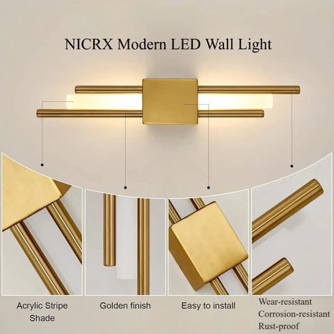 NICRX 2 Pieces Modern Gold LED Wall Sconce, Geometric Metal and Acrylic Vertical Wall Lamp, close-up of golden finish.