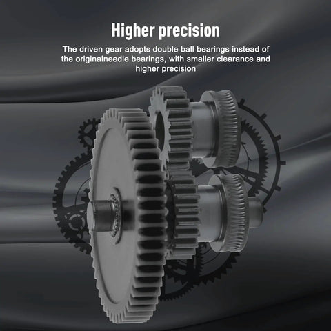 Close-up of Beefed-Up Dual Gear Extruder Upgrade Kit for Elegoo 4 Pro Plus Max showing nanocoated mold steel gears and shaft.