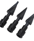 Heavy Duty 3 Piece Step Drill Bit Kit With Woodworking Power For Metal And Plastic Fast Cutting Spiral Flutes Hex Shank Tool Set To Crush Any Job, 3 black bits