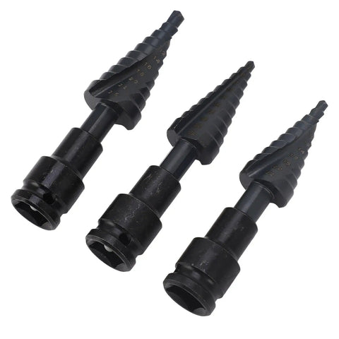 Heavy Duty 3 Piece Step Drill Bit Kit With Woodworking Power For Metal And Plastic Fast Cutting Spiral Flutes Hex Shank Tool Set To Crush Any Job, 3 black bits