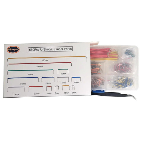 U Shape Breadboard Jumper Wires Kit With 560 Pieces Featuring 14 Length Options From 2mm To 125mm Solderless Flexible Connecting Cables Random Color Multi Pack For Prototyping And DIY Electronics Projects in packaging.
