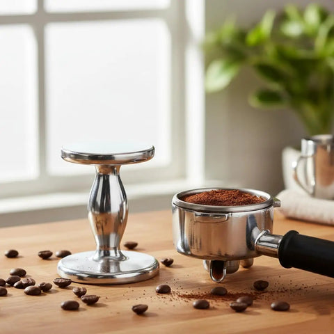 Heavyweight Dual Sided Espresso Tamper Made From Durable Aluminum With 48 Millimeter And 53 Millimeter Ends beside portafilter on table