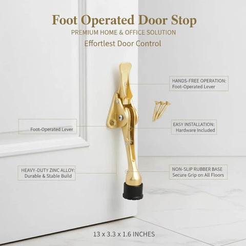 Foot Pedal Door Stop with Weighted Base for Hands Free Entry fits standard interior doors, gold zinc alloy floor holder